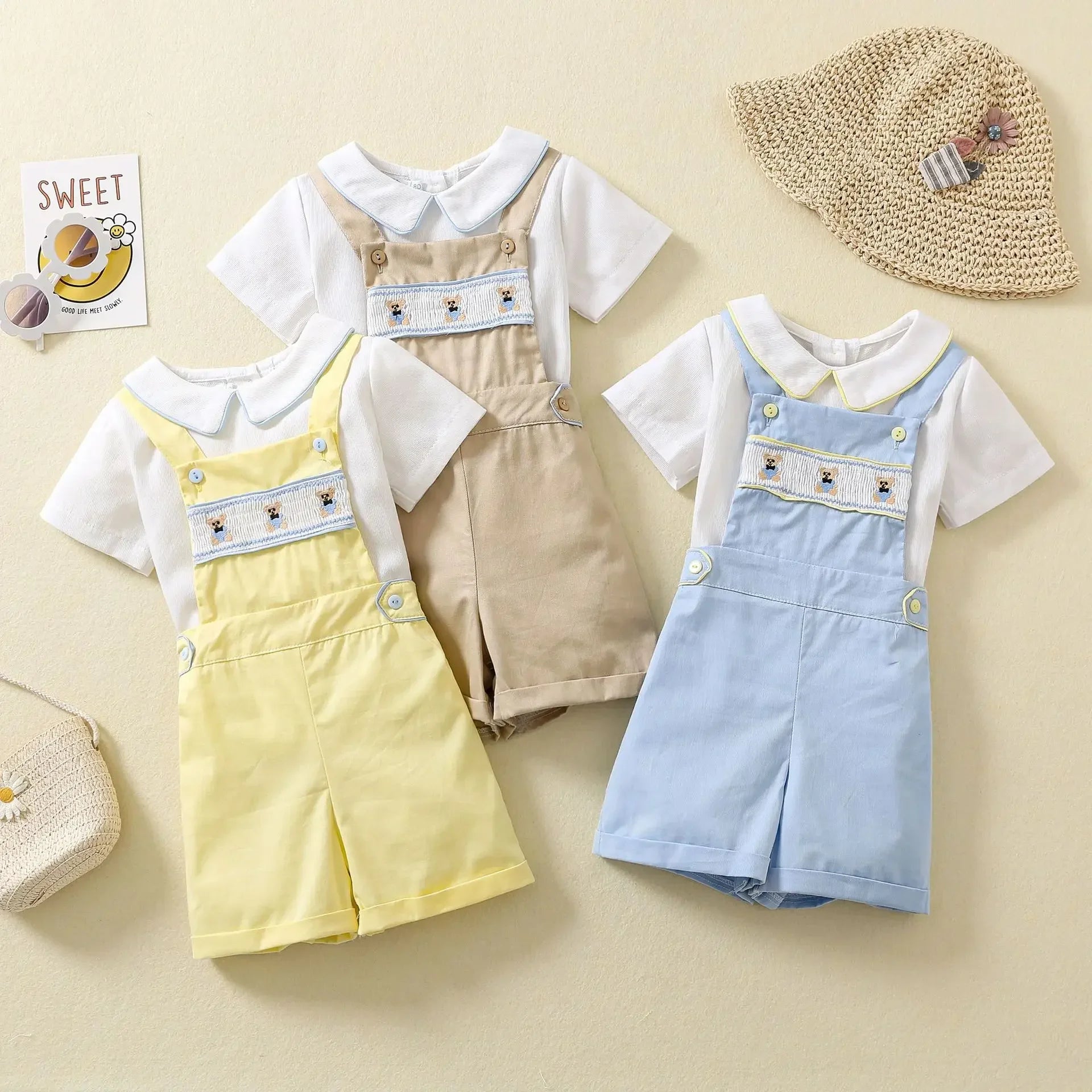 Cotton Collar T-shirt and Dungaree Shorts Set
