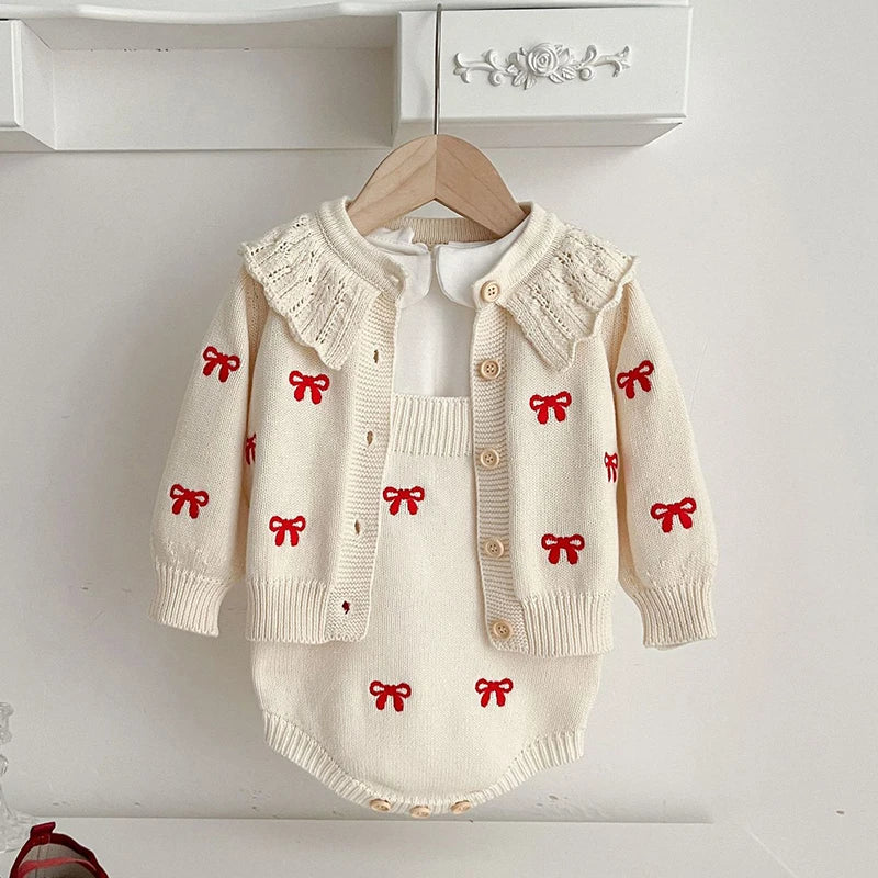 Red Bow Knitted Romper and Cardigan