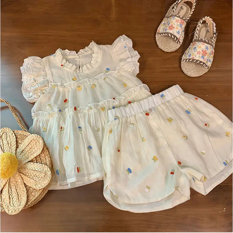 Embroidery Lace Top & Shorts Set