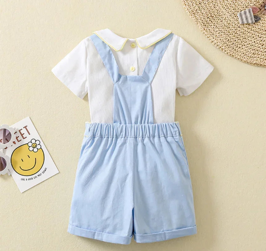 Cotton Collar T-shirt and Dungaree Shorts Set