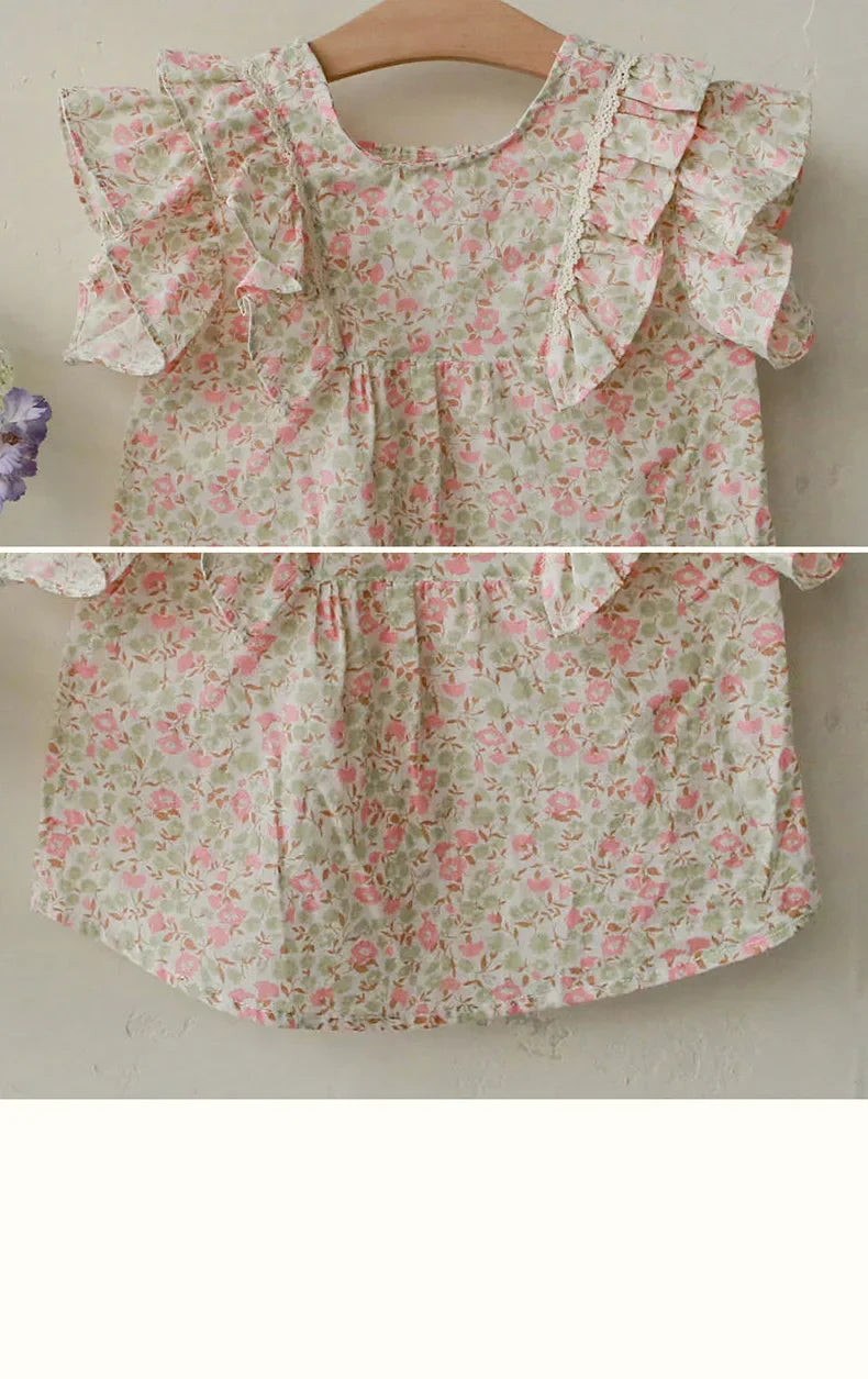 Babyhug Bell Sleeves Rayon Top With Floral Print And Corsage Detailing- Blue