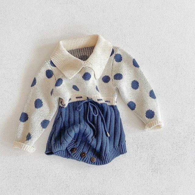 Baby Polka Blue Knitted Romper - Belle Baby
