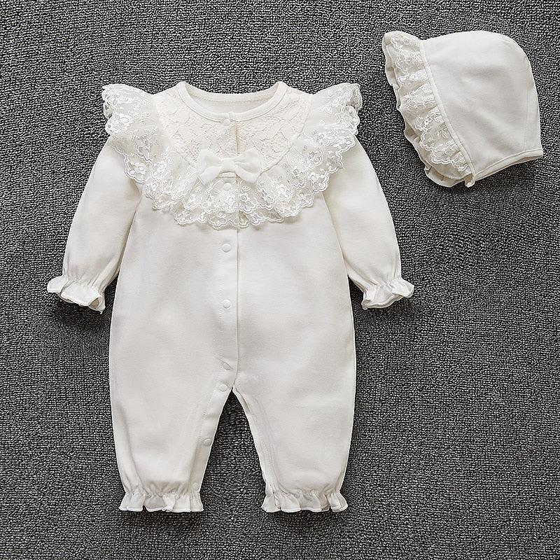 Ruffled Lace Romper & Bonnet Set - Belle Baby