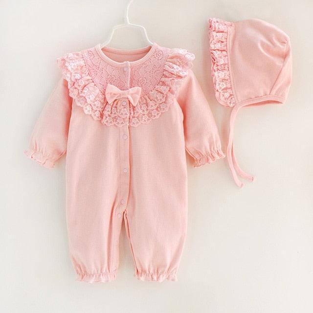 Ruffled Lace Romper & Bonnet Set - Belle Baby