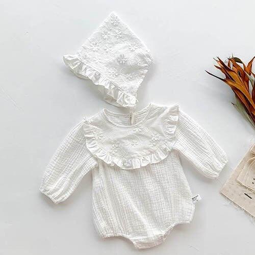 White Frilled Romper & Bonnet Set - Belle Baby