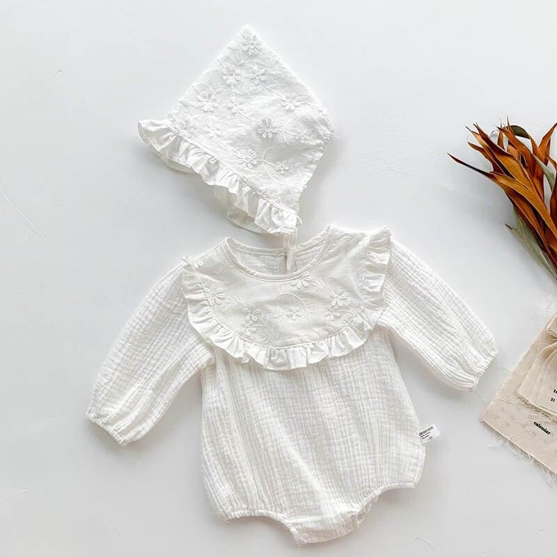 White Frilled Romper & Bonnet Set - Belle Baby