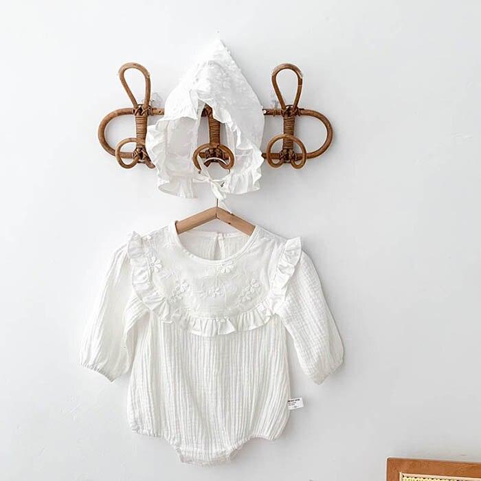 White Frilled Romper & Bonnet Set - Belle Baby