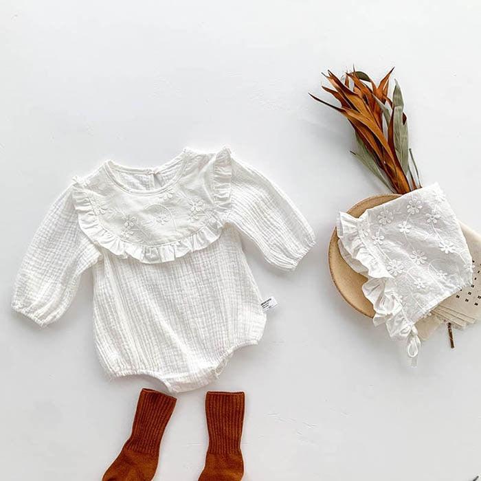White Frilled Romper & Bonnet Set - Belle Baby