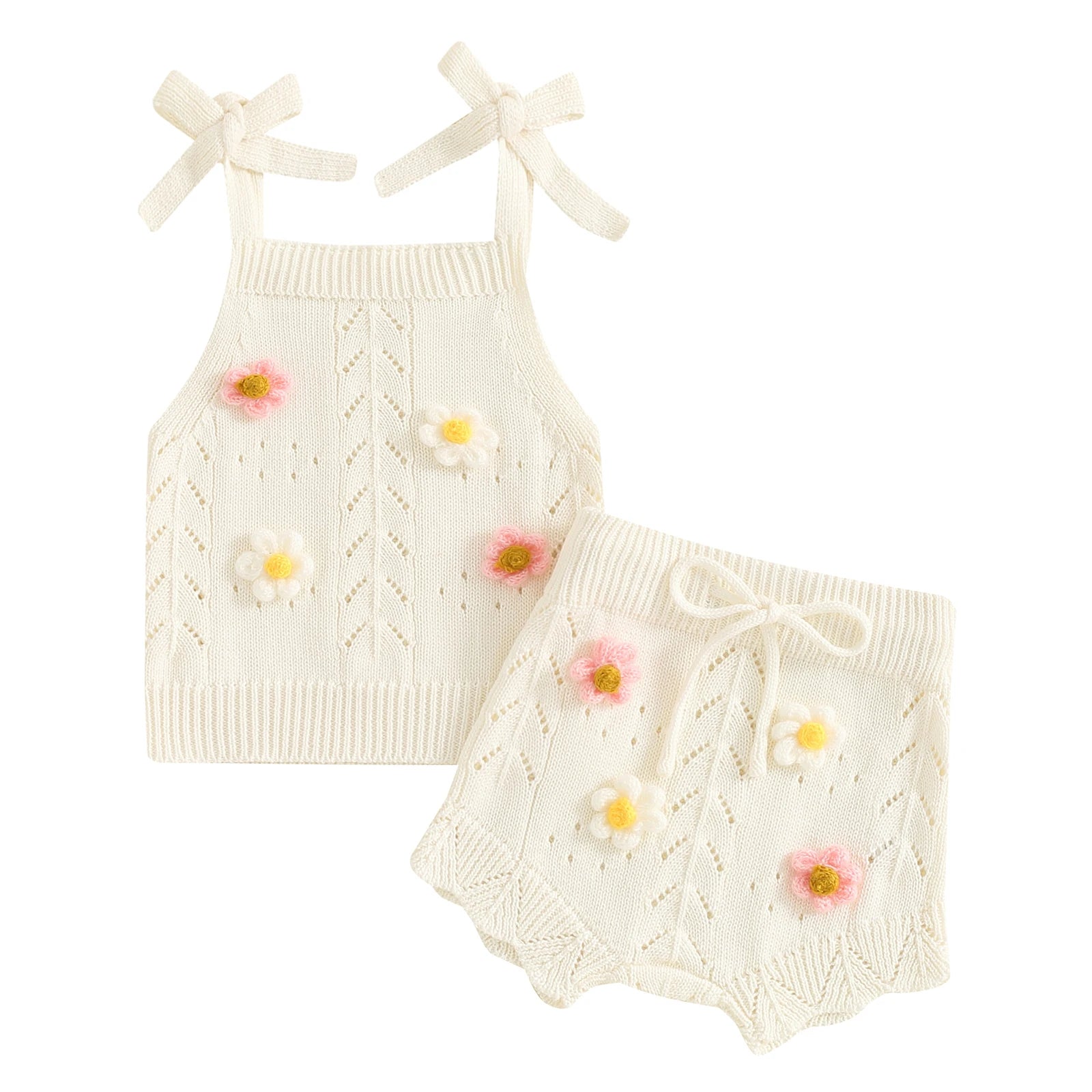 Pretty Knitted Flowers Embroidery Top & Shorts
