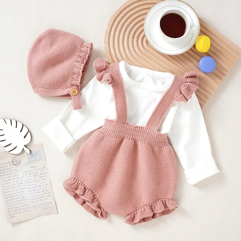 Knitted Ruffled Romper & Bonnet