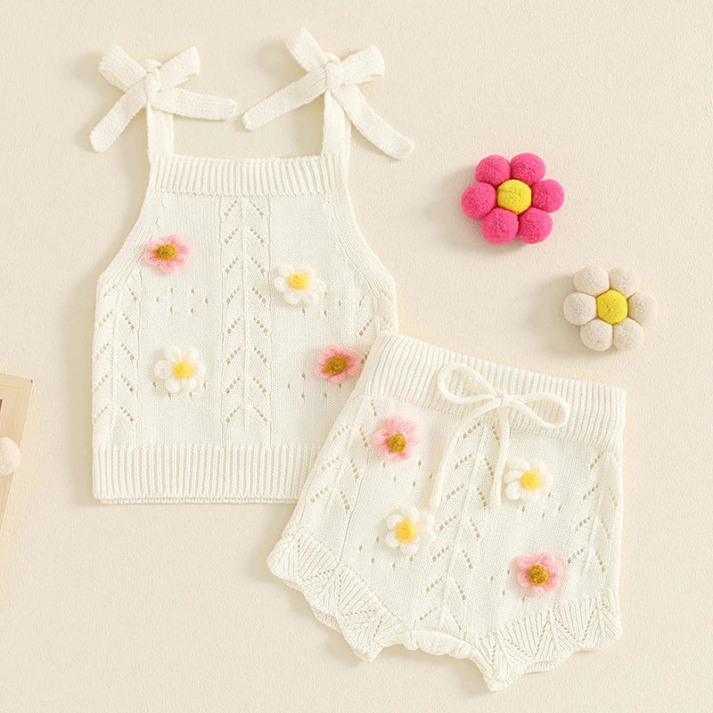 Pretty Knitted Flowers Embroidery Top & Shorts