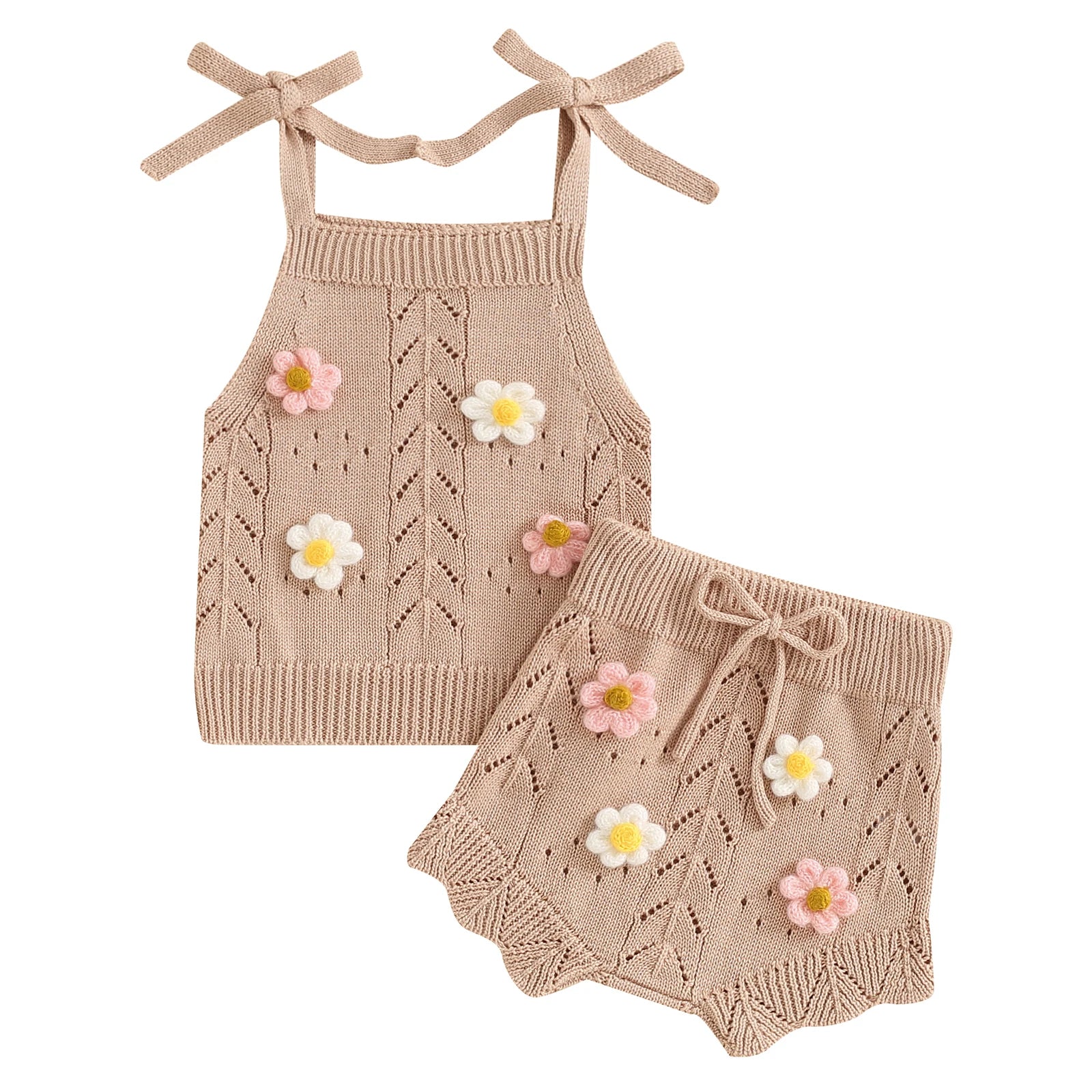 Pretty Knitted Flowers Embroidery Top & Shorts