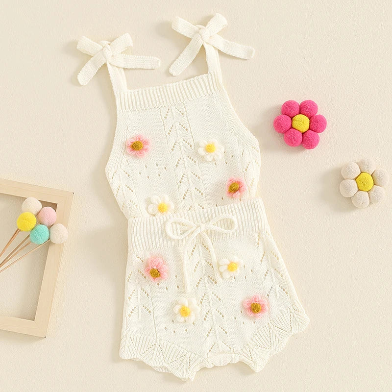 Pretty Knitted Flowers Embroidery Top & Shorts
