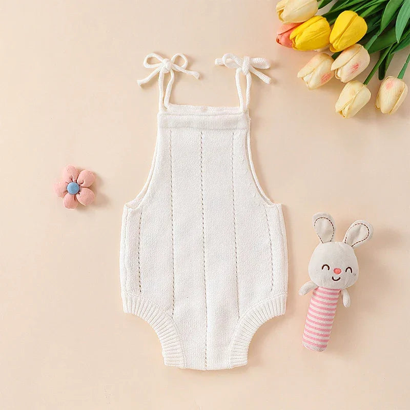 Baby Girls Cotton Linen Romper - Long Sleeve Ruffled Jumpsuit With Bow Headband 0-12 Months